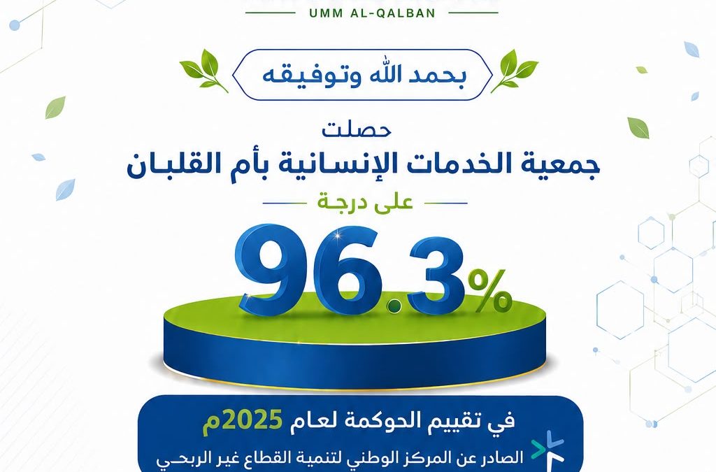 تم بحمد الله وتوفيقه حصلت الجمعية الخدمات الانسانية بام القلبان علة درجة 96.3